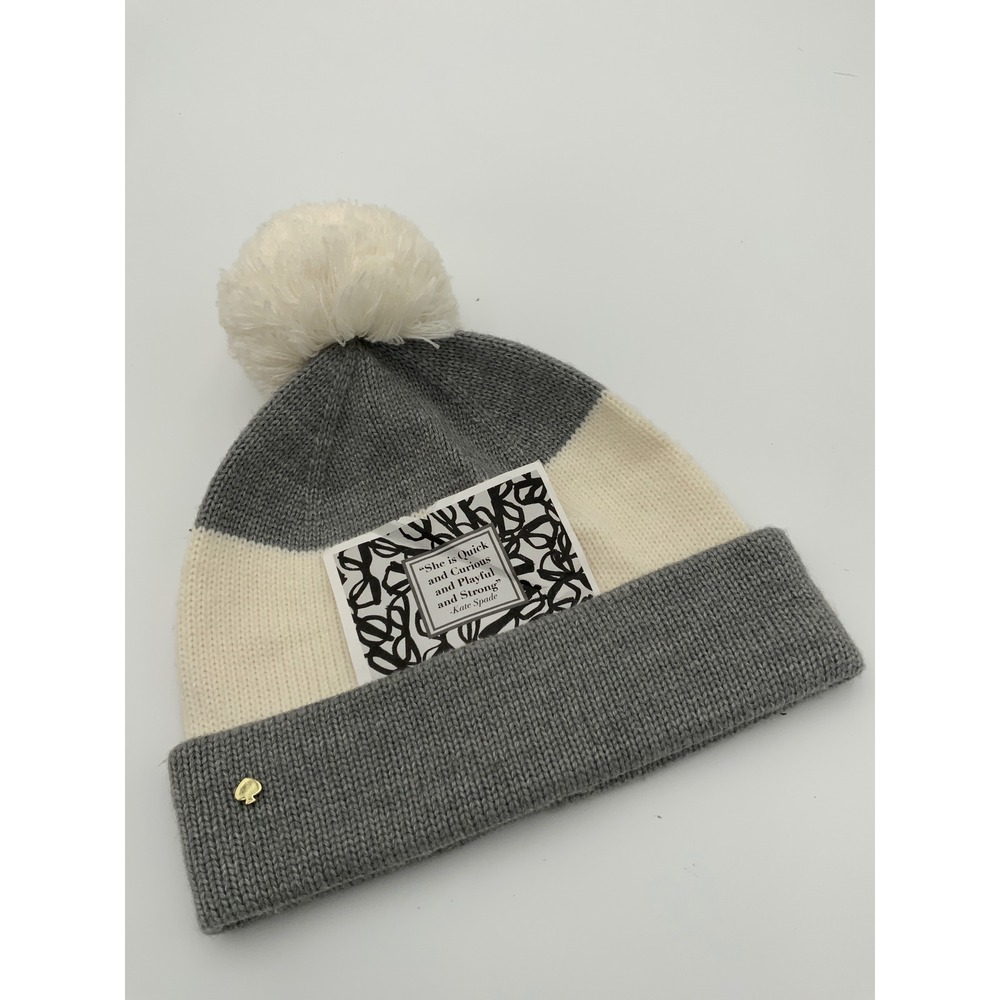 Kate Spade New York Grey Cream Colorblock Pom Pom Beanie Hat Gold Spade Logo
